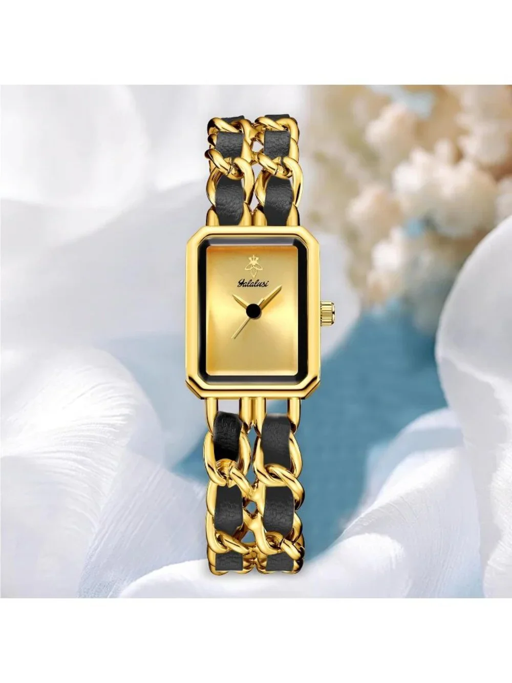 Women's Gold Black Square Adjustable Chain Braid Band Quartz Retro Dress Watch